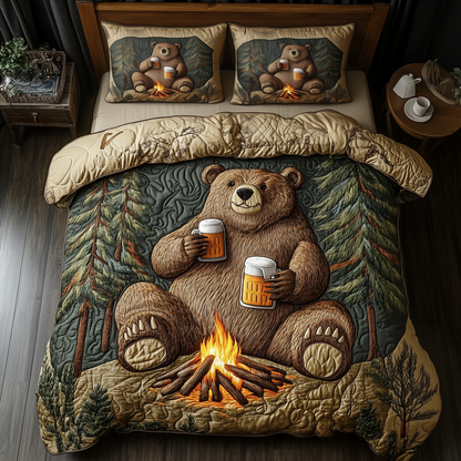 Bear Drinks Beer Camping 3-Piece Quilted Bedding Set GFTOAB1412
