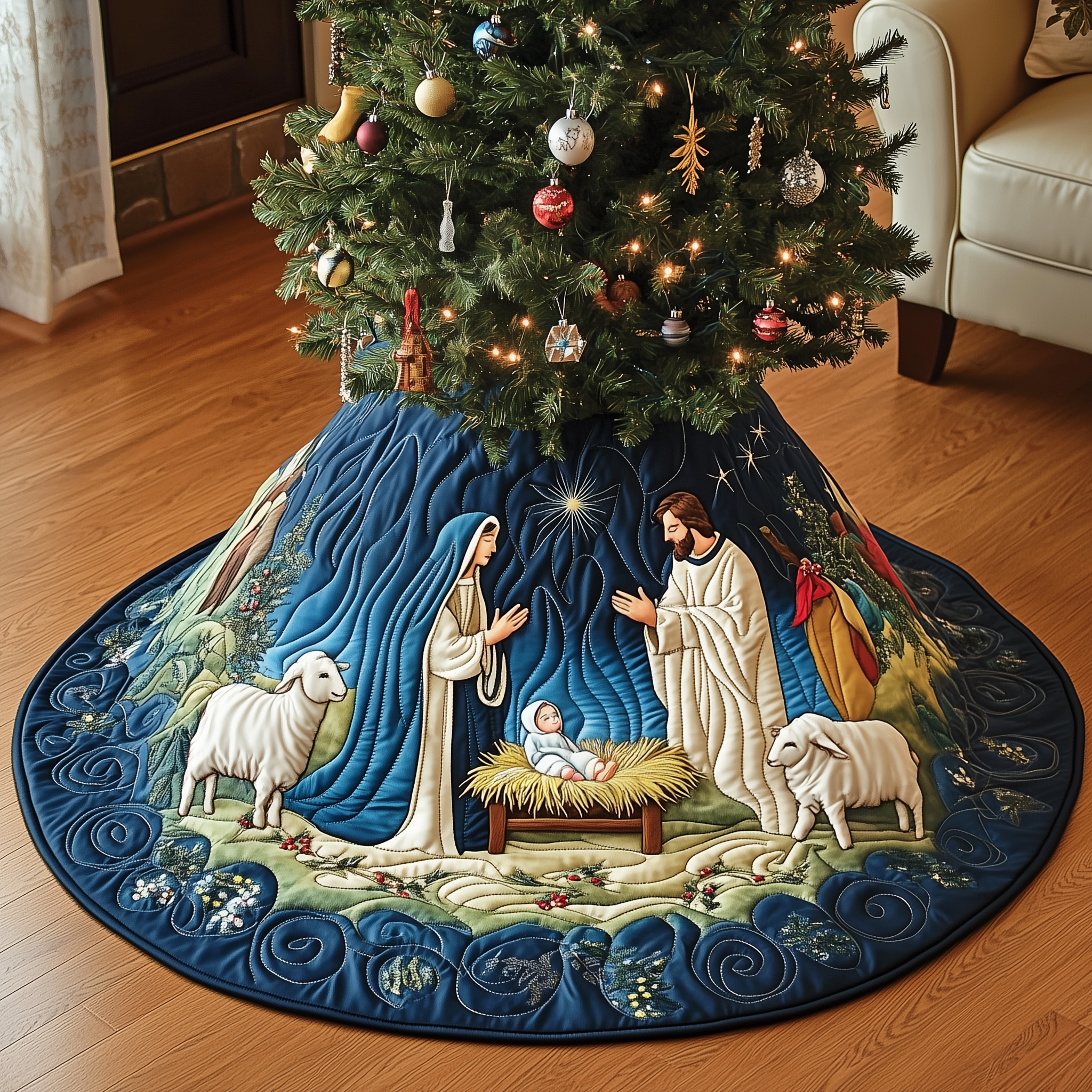 Nativity Scene Quilted Tree Skirt GFTOAB1713 – Willow Quilt