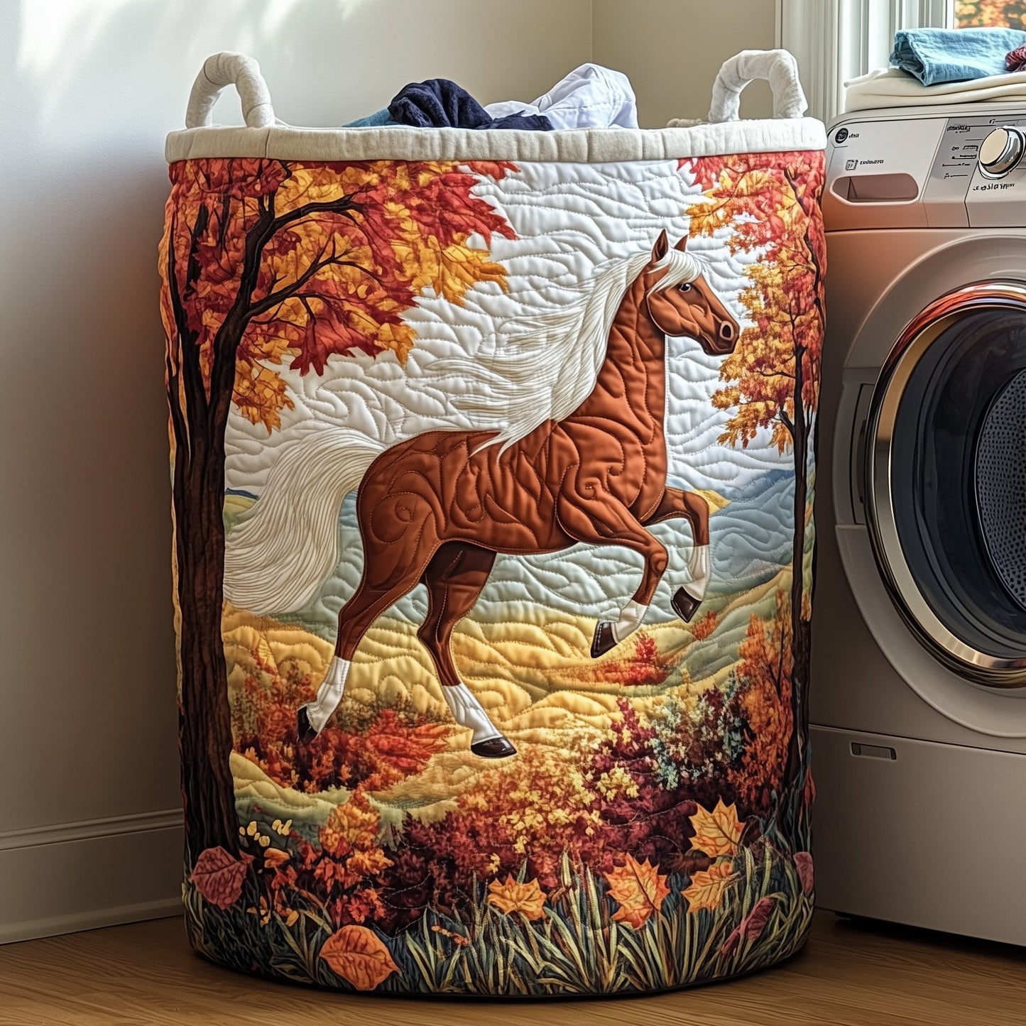 Autumn Horse Gallop Quilted Laundry Basket GFTOHD10041