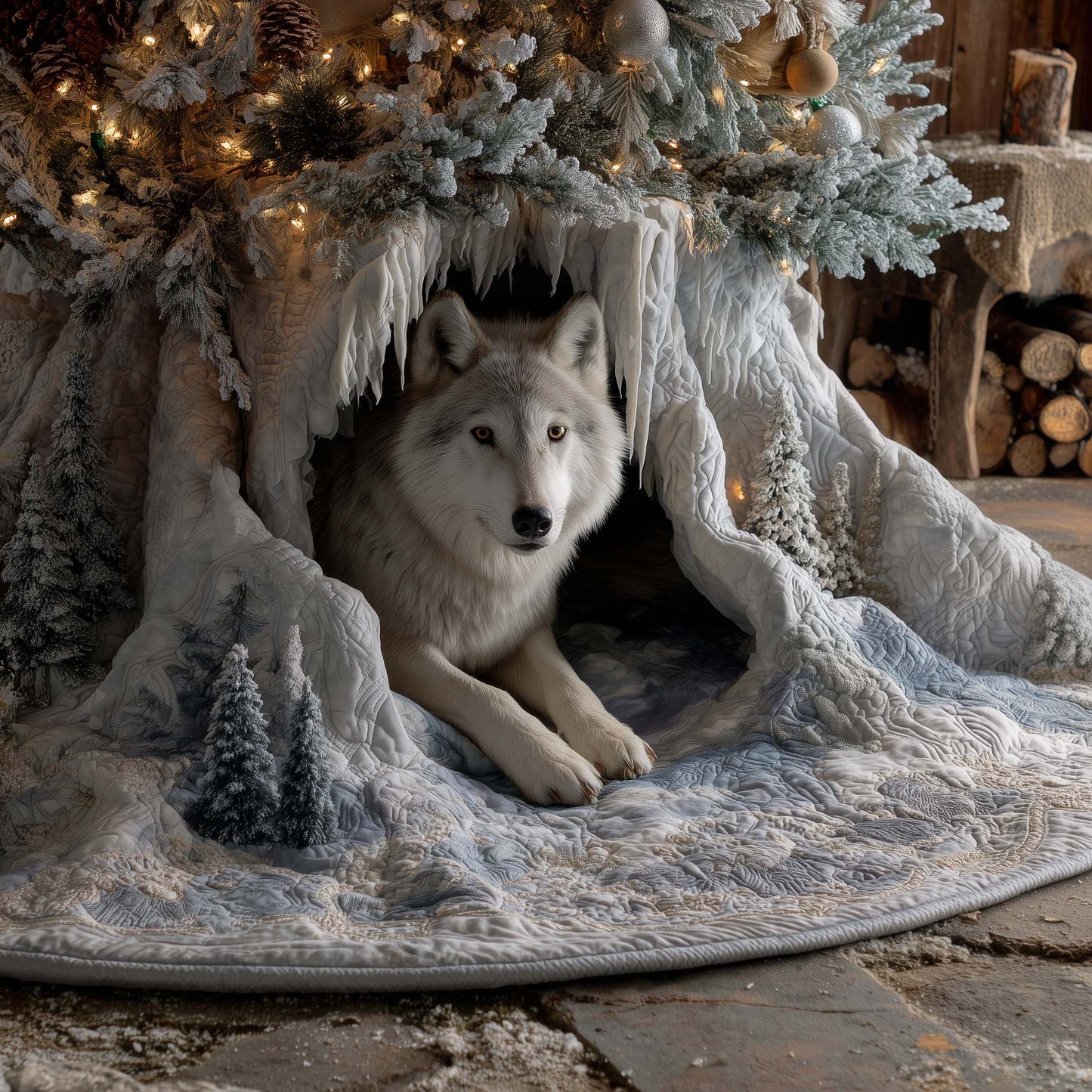 Snowy Wolf Quilted Tree Skirt GFTOHD11882