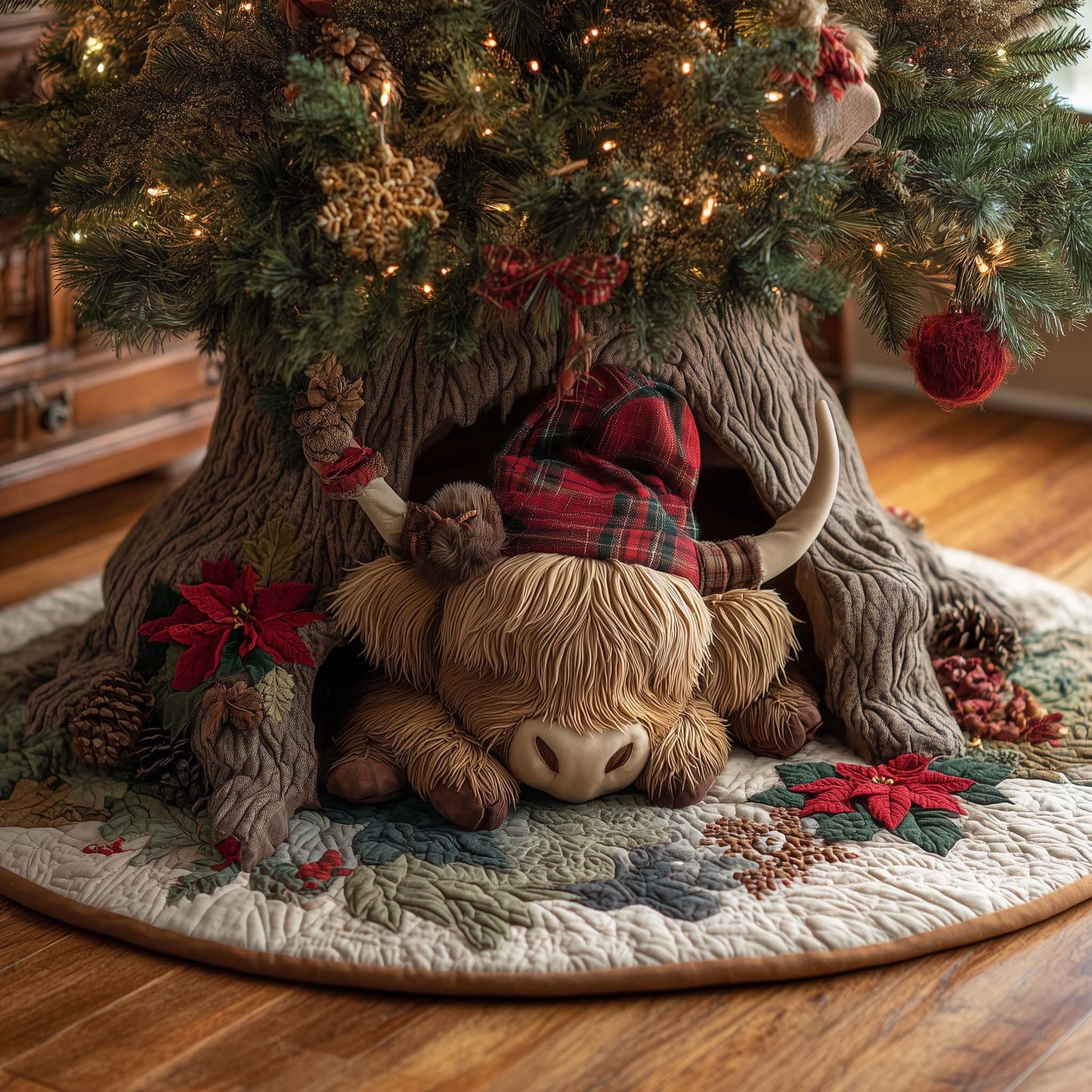 Holiday Highland Cow Quilted Tree Skirt GFTOHD11997