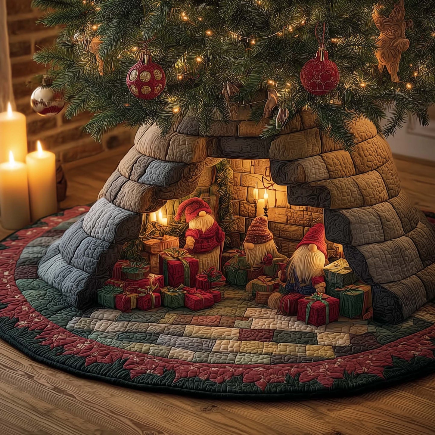 Christmas Gnomes Quilted Tree Skirt GFTOHD12272