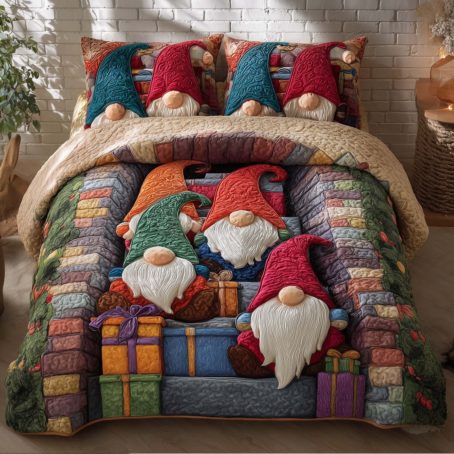 Joyful Christmas Gnomes 3-Piece Quilted Bedding Set GFTOHD12732