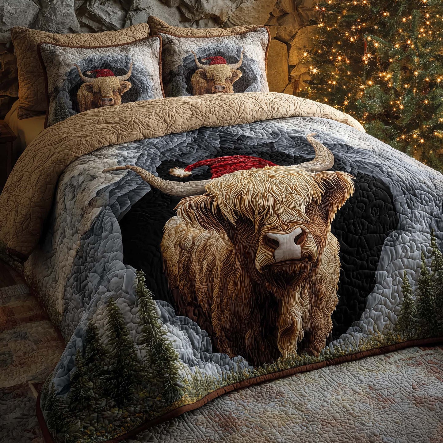Holiday Highland Cow 3-Piece Quilted Bedding Set GFTOHD12762