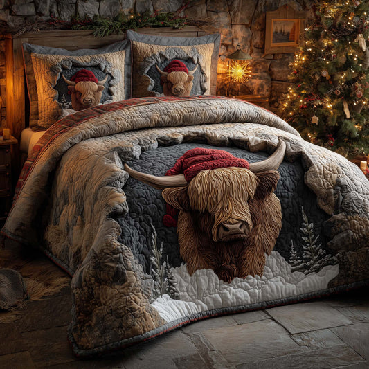 Holiday Highland Cow 3-Piece Quilted Bedding Set GFTOHD12763