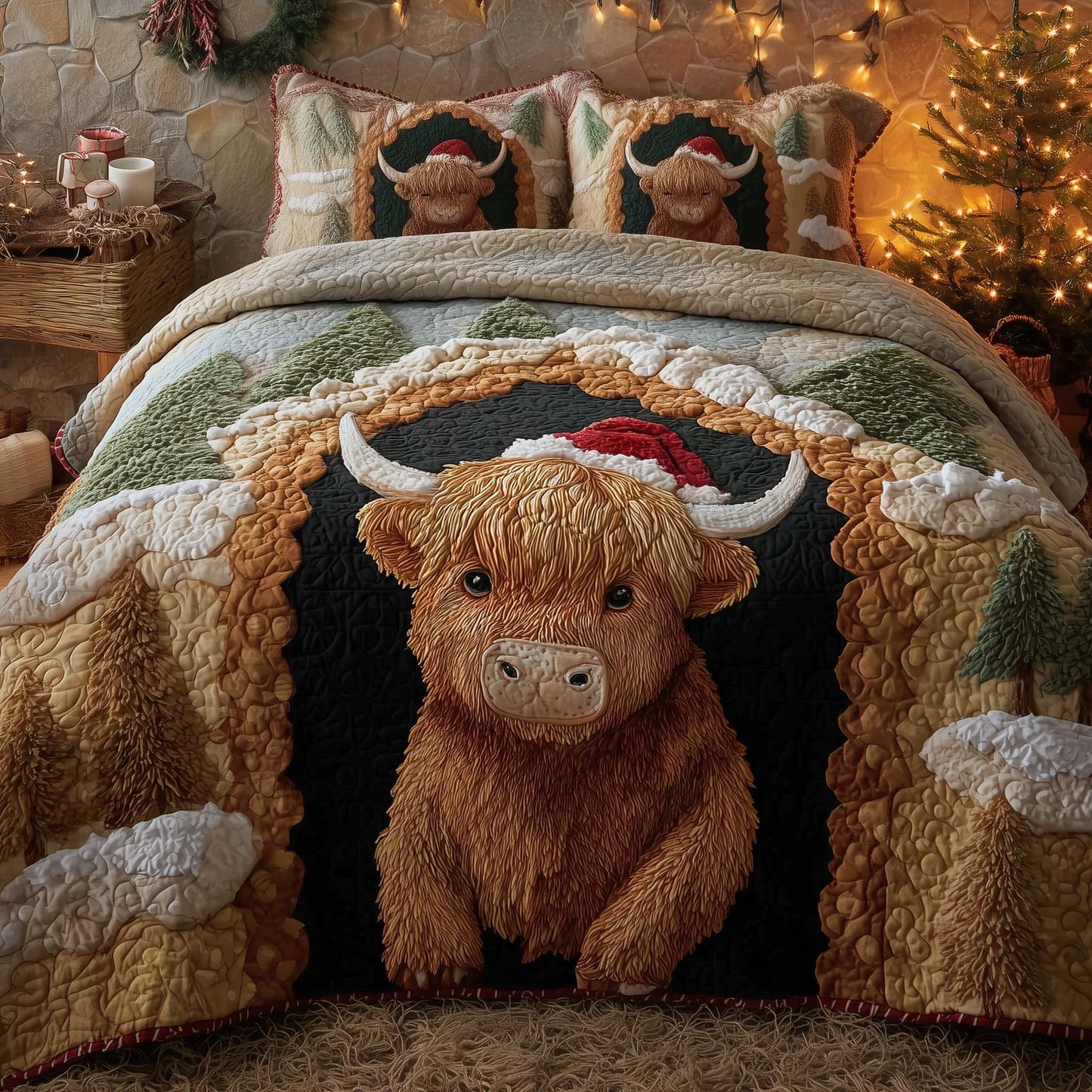 Holiday Highland Cow 3-Piece Quilted Bedding Set GFTOHD12769