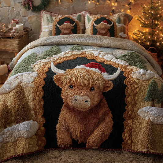 Holiday Highland Cow 3-Piece Quilted Bedding Set GFTOHD12769