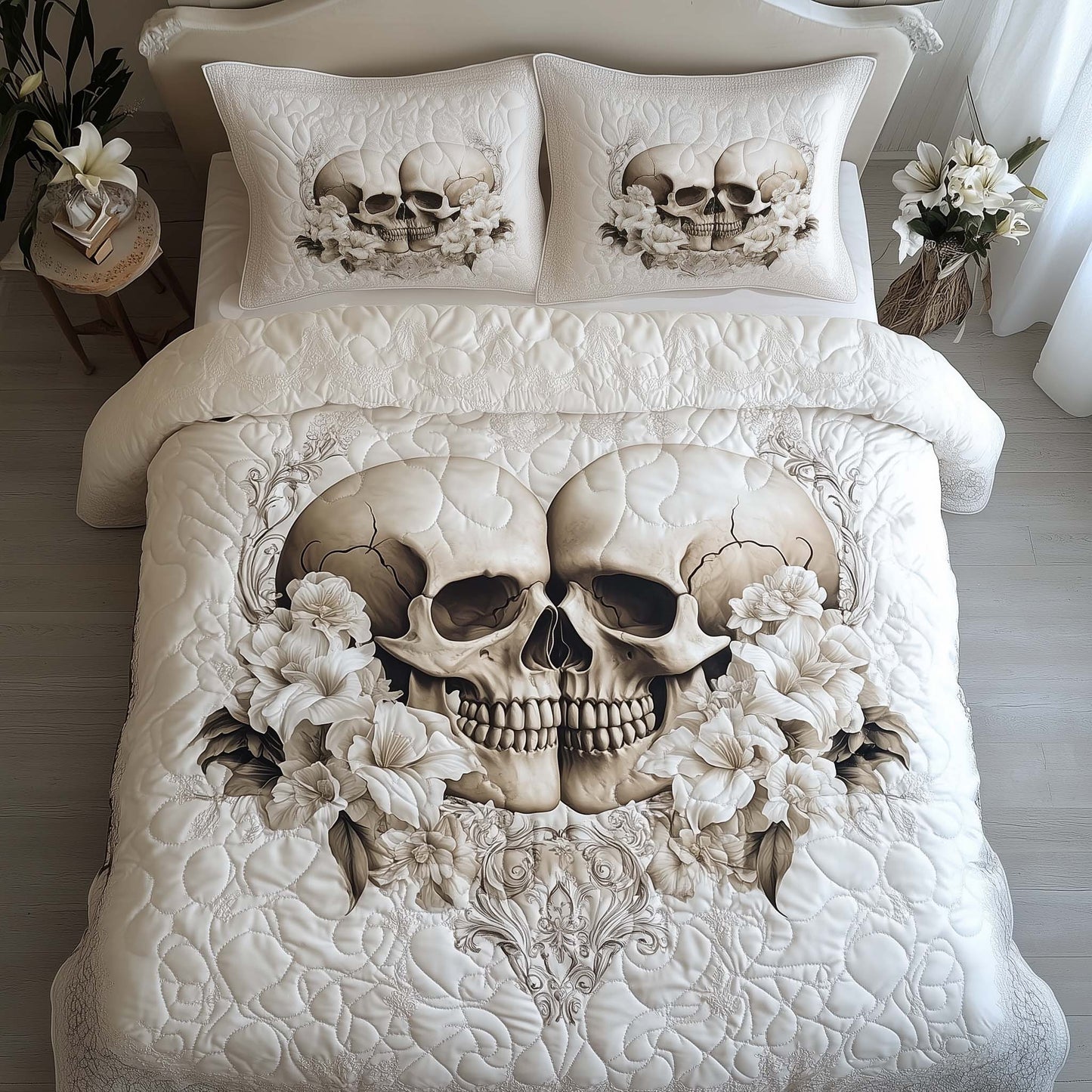 Romantic Gothic Skulls 3-Piece Quilted Bedding Set GFTOHD12842