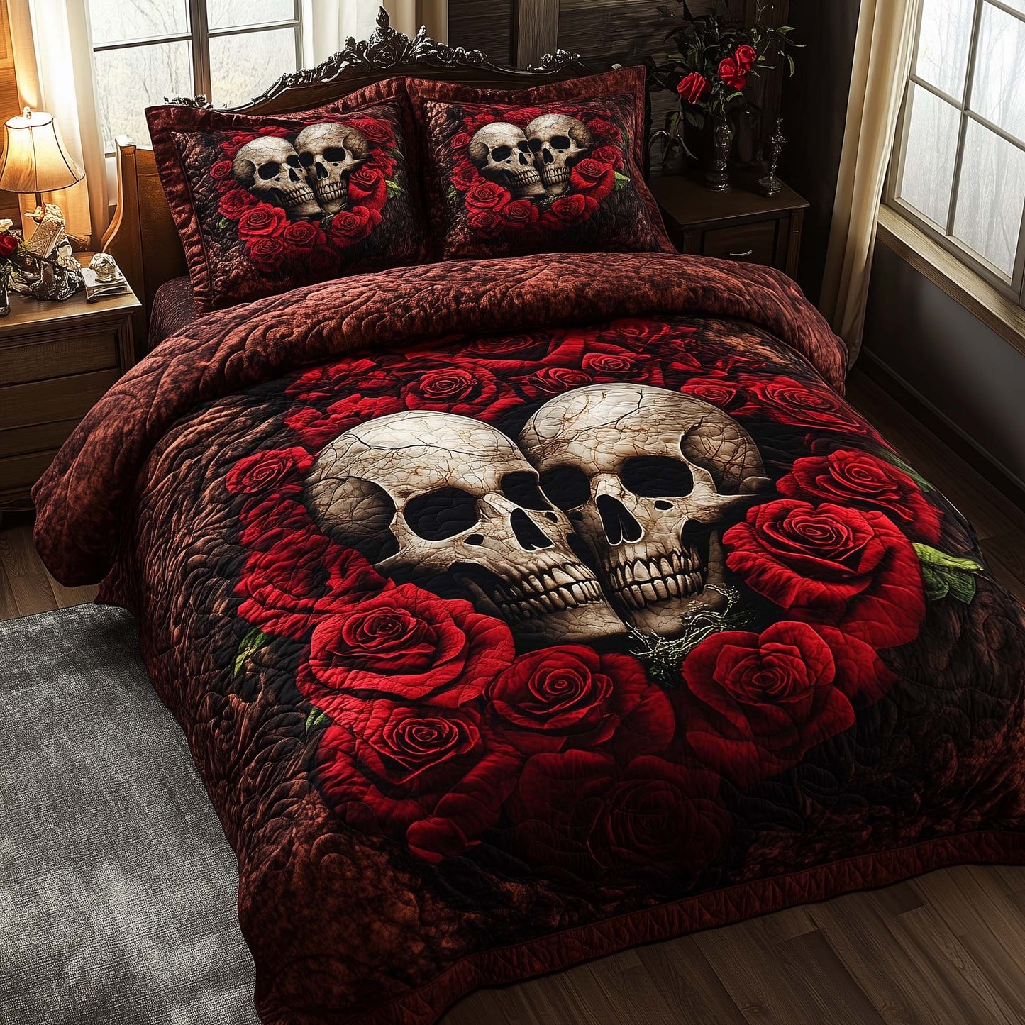 Romantic Gothic Skulls 3-Piece Quilted Bedding Set GFTOHD12849