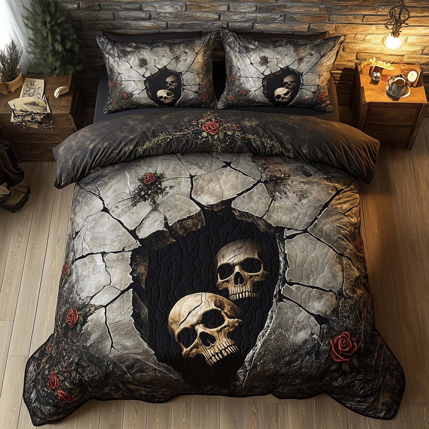 Romantic Gothic Skulls 3-Piece Quilted Bedding Set GFTOHD12850