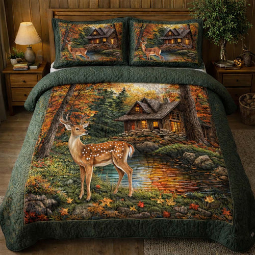Autumn Cabin Deer 3-Piece Quilted Bedding Set GFTOHD13176