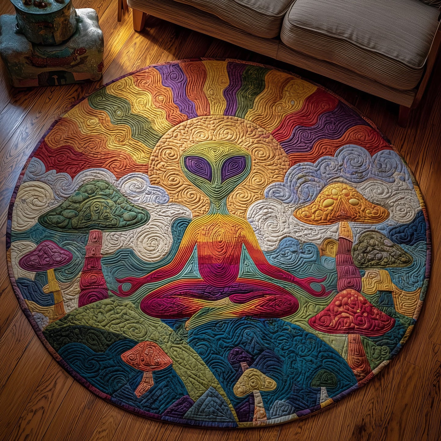 Cosmic Alien Meditation Quilted Round Mat GFTOHD13877