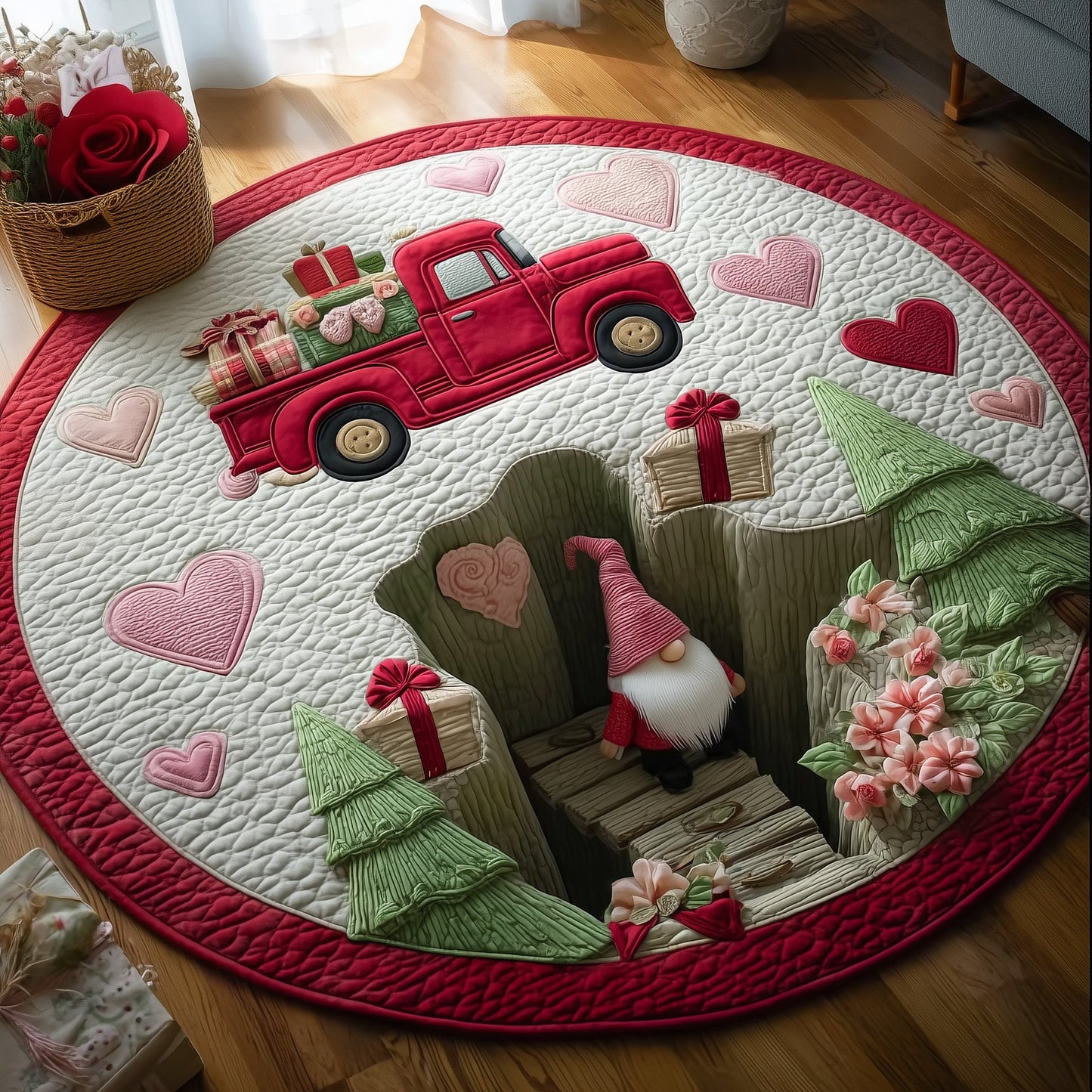 Heart Truck Gnomes Quilted Round Mat GFTOHD13893