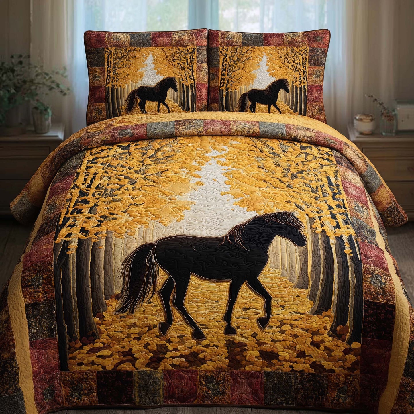 Autumn Forest Horse 3-Piece Quilted Bedding Set GFTOHD13936