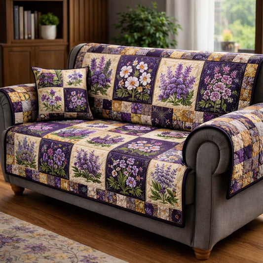 Lavender Bloom Patchwork Quilted Sofa Cover GFTOHD13942