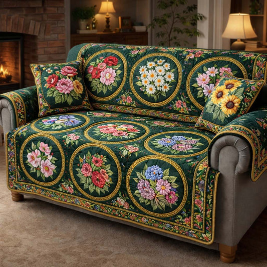 Emerald Rose Patchwork Quilted Sofa Cover GFTOHD13944