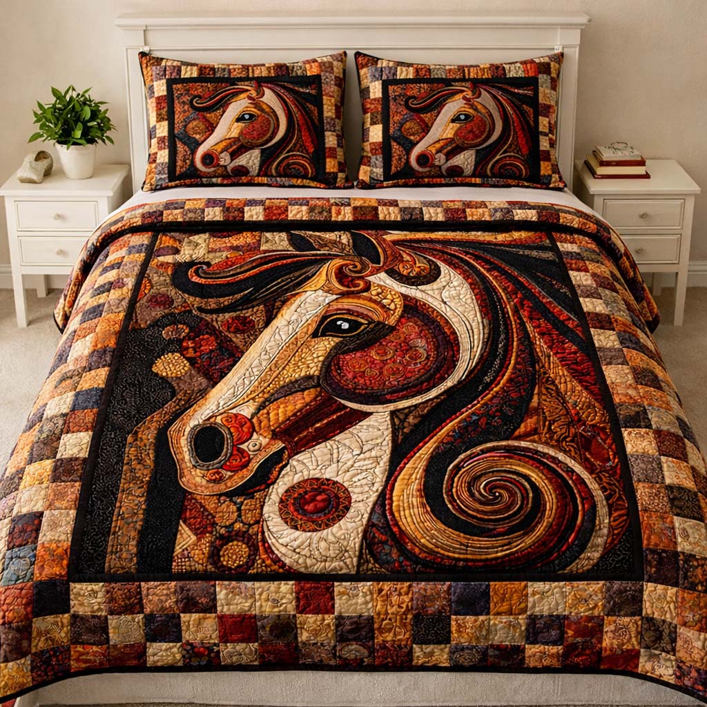 Ornate Patchwork Horse 3-Piece Quilted Bedding Set GFTOHD13965