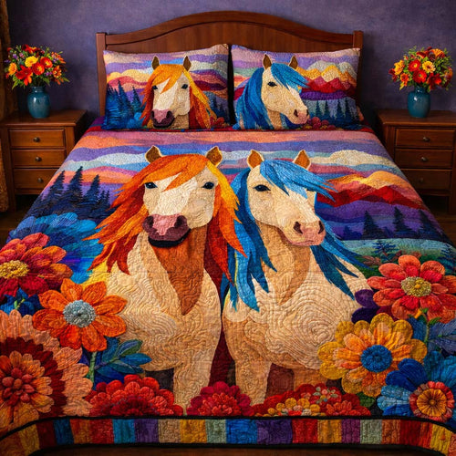 Rainbow Meadow Horses 3-Piece Quilted Bedding Set GFTOHD13970