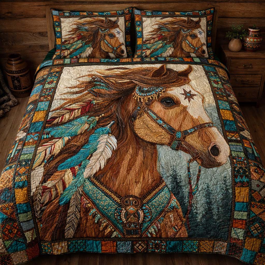 Tribal Feather Horse 3-Piece Quilted Bedding Set GFTOHD13972