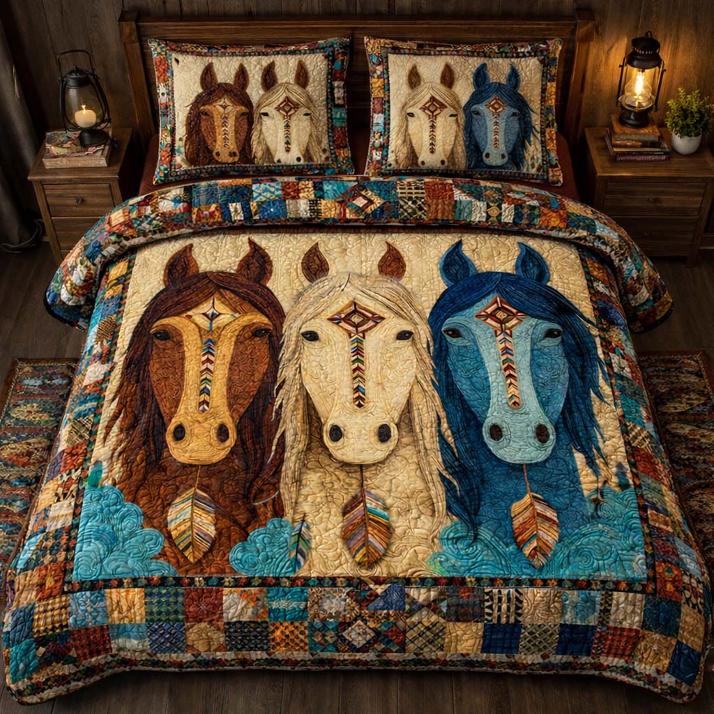 Sacred Three Horses 3-Piece Quilted Bedding Set GFTOHD13973