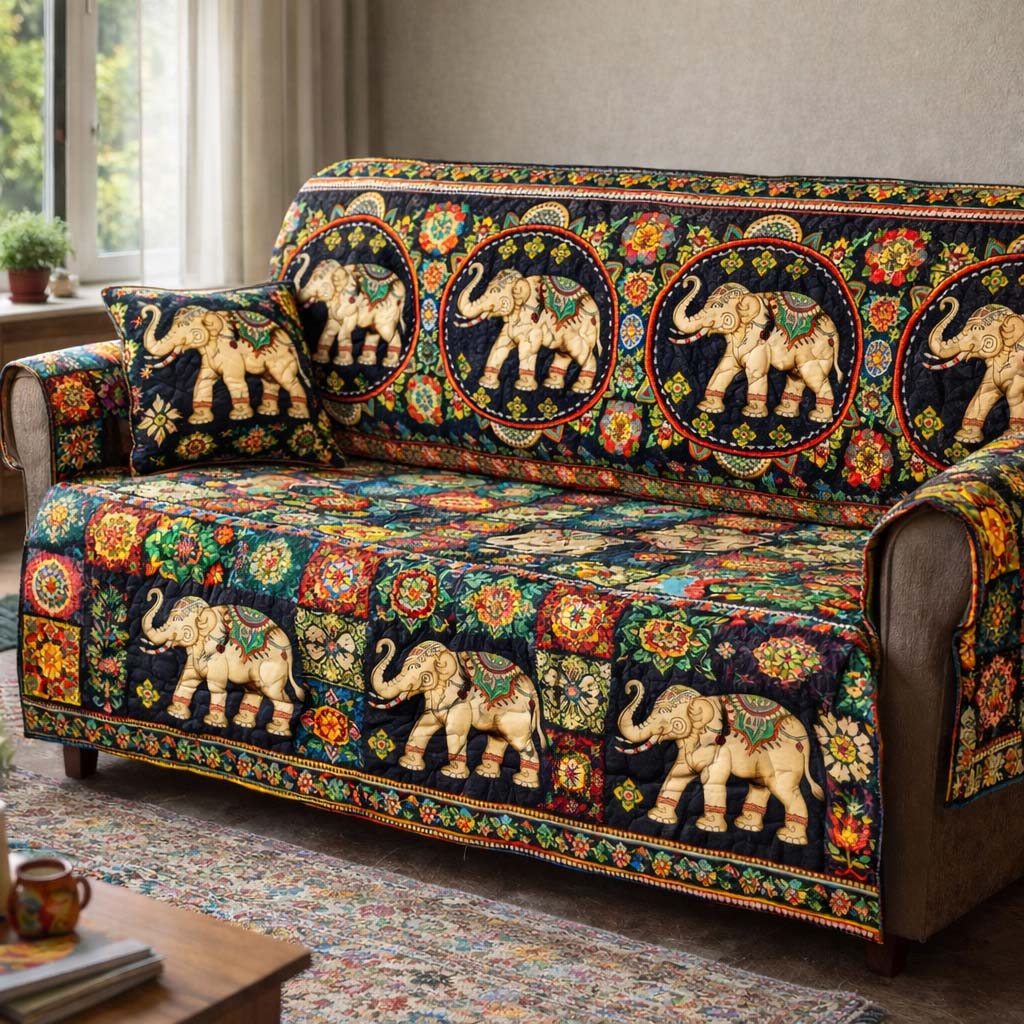 Floral Elephant Parade Quilted Sofa Cover GFTOHD14014