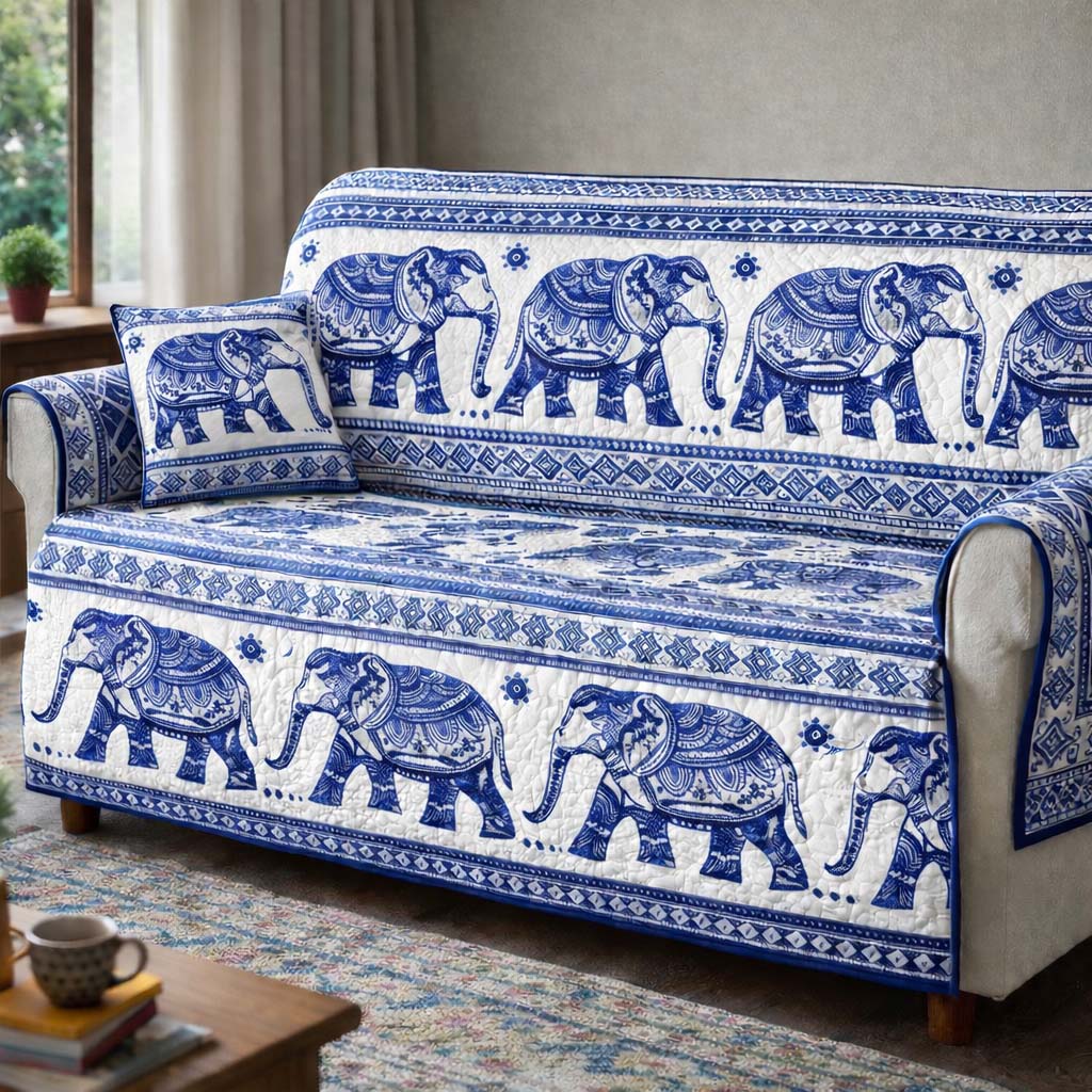 Blue Heritage Elephant Quilted Sofa Cover GFTOHD14015