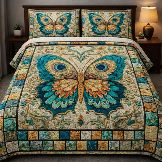 Teal Butterfly Symphony 3-Piece Quilted Bedding Set GFTOHD14033