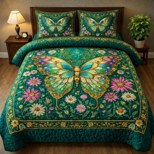 Emerald Butterfly Garden 3-Piece Quilted Bedding Set GFTOHD14034