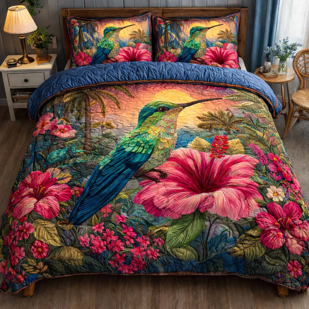 Tropical Bloom Hummingbird 3-Piece Quilted Bedding Set GFTOHD14106