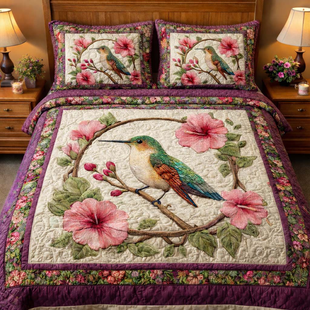 Vintage Garden Hummingbird 3-Piece Quilted Bedding Set GFTOHD14108