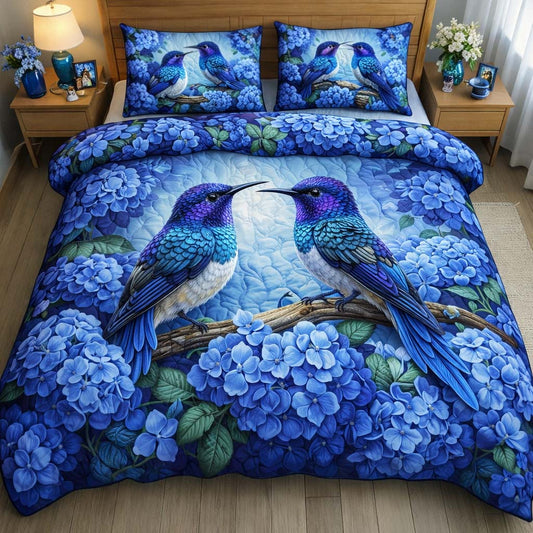Blue Hydrangea Hummingbirds 3-Piece Quilted Bedding Set GFTOHD14110