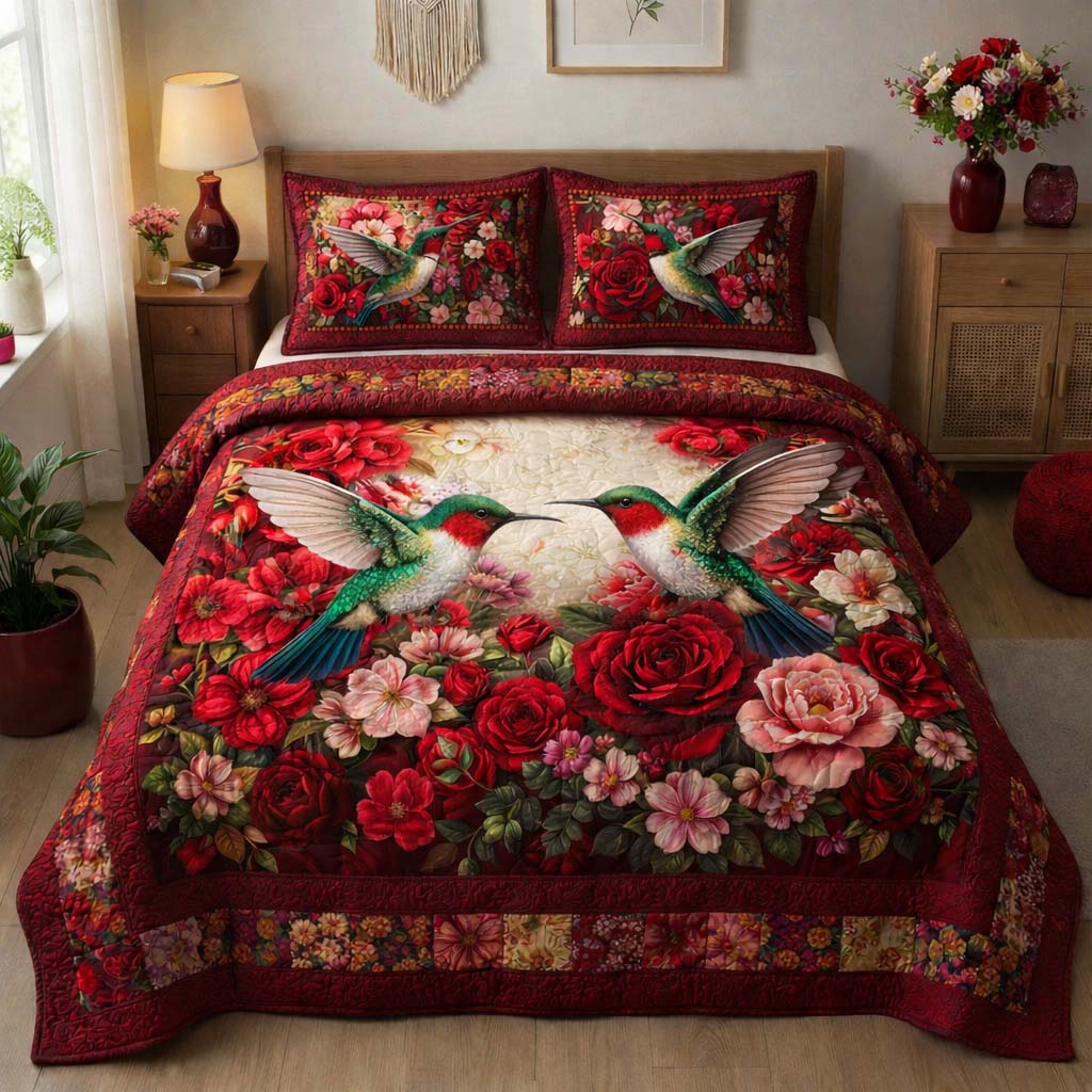 Crimson Rose Hummingbirds 3-Piece Quilted Bedding Set GFTOHD14111