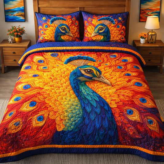 Golden Ember Peacock 3-Piece Quilted Bedding Set GFTOHD14115