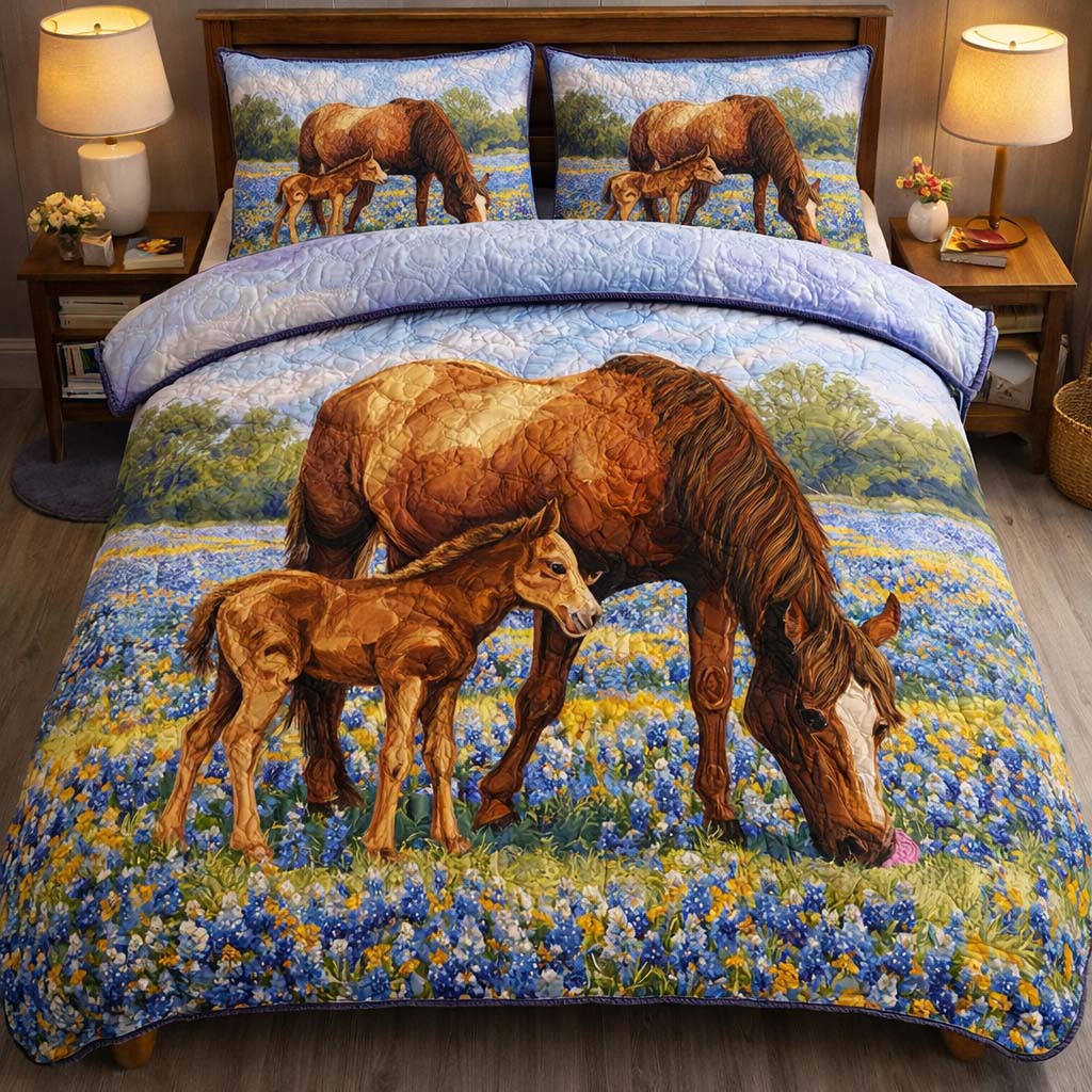 Bluebonnet Meadow Mare 3-Piece Quilted Bedding Set GFTOHD14134