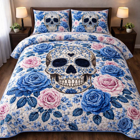 Blue Rose Skull 3-Piece Quilted Bedding Set GFTOHD14146