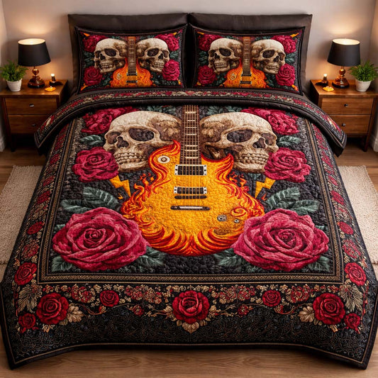 Flaming Guitar Skull 3-Piece Quilted Bedding Set GFTOHD14148