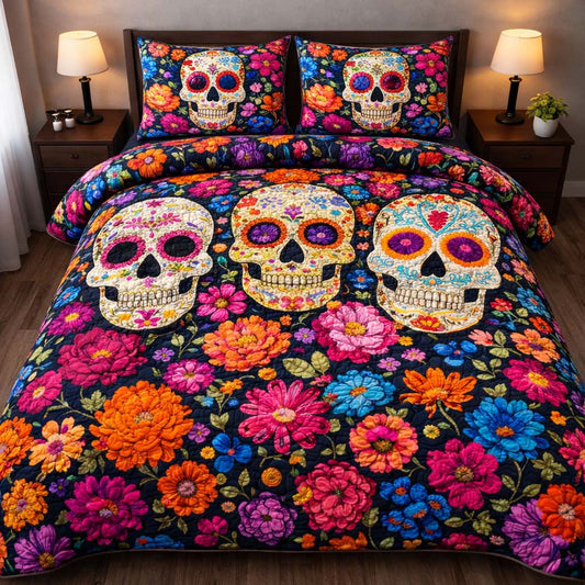 Vibrant Garden Skulls 3-Piece Quilted Bedding Set GFTOHD14149