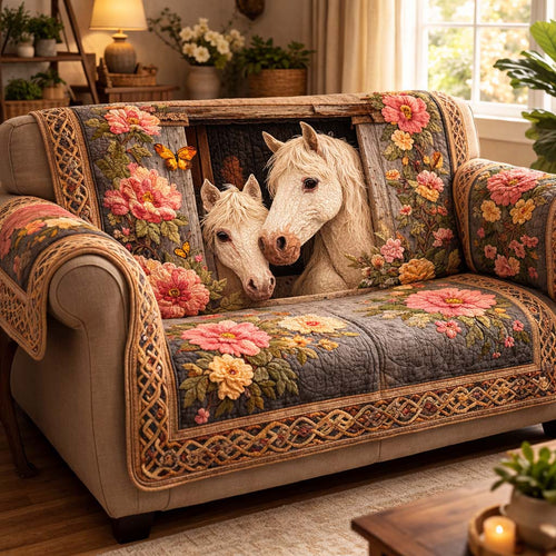 Rustic Blossom Horses Quilted Sofa Cover GFTOHD14197