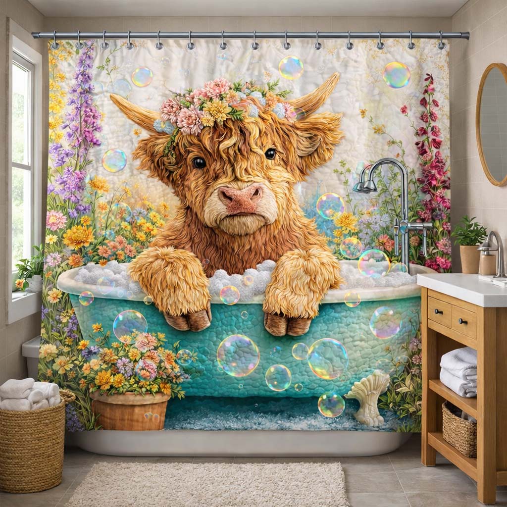 Floral Bubble Cow Shower Curtain GFTOHD14278