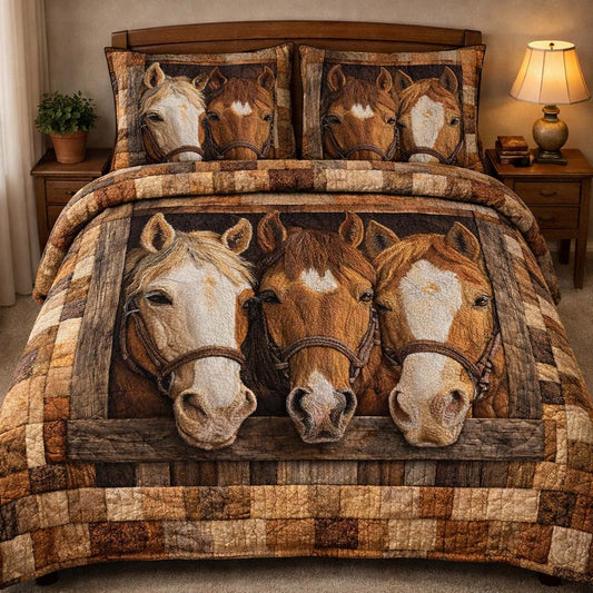 Three Ranch Horses 3-Piece Quilted Bedding Set GFTOHD14349