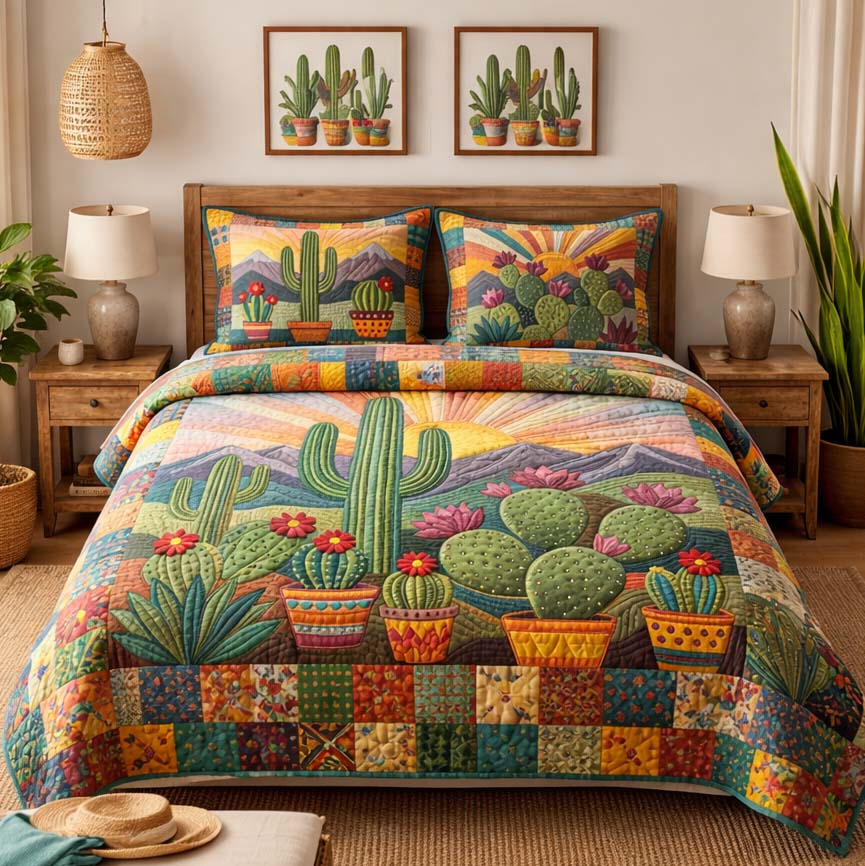 Desert Bloom Cactus 3-Piece Quilted Bedding Set GFTOHD14382