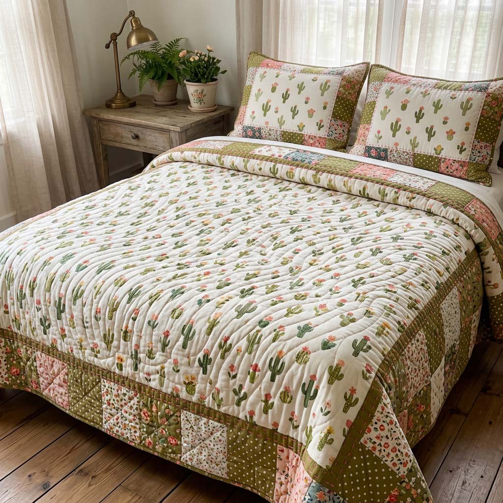 Mini Cactus Garden 3-Piece Quilted Bedding Set GFTOHD14383