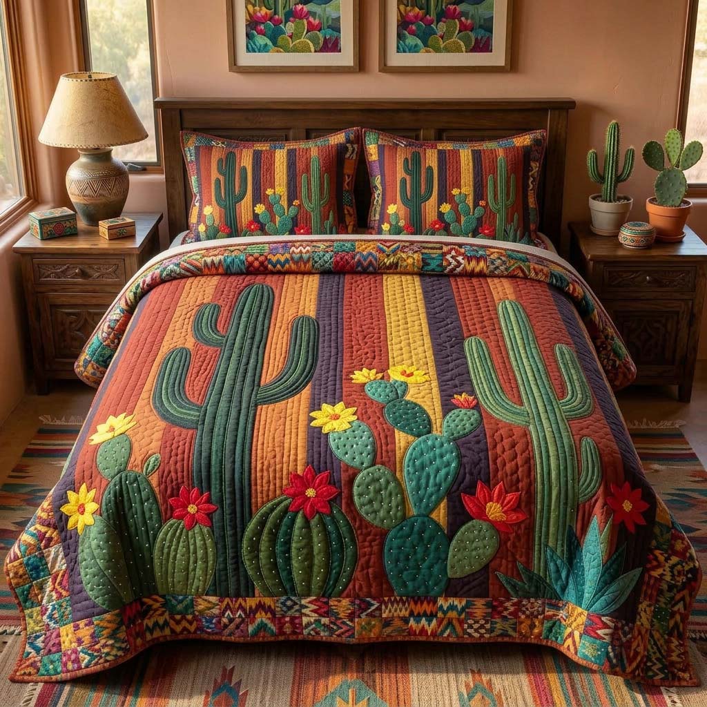 Sunset Cactus Field 3-Piece Quilted Bedding Set GFTOHD14384