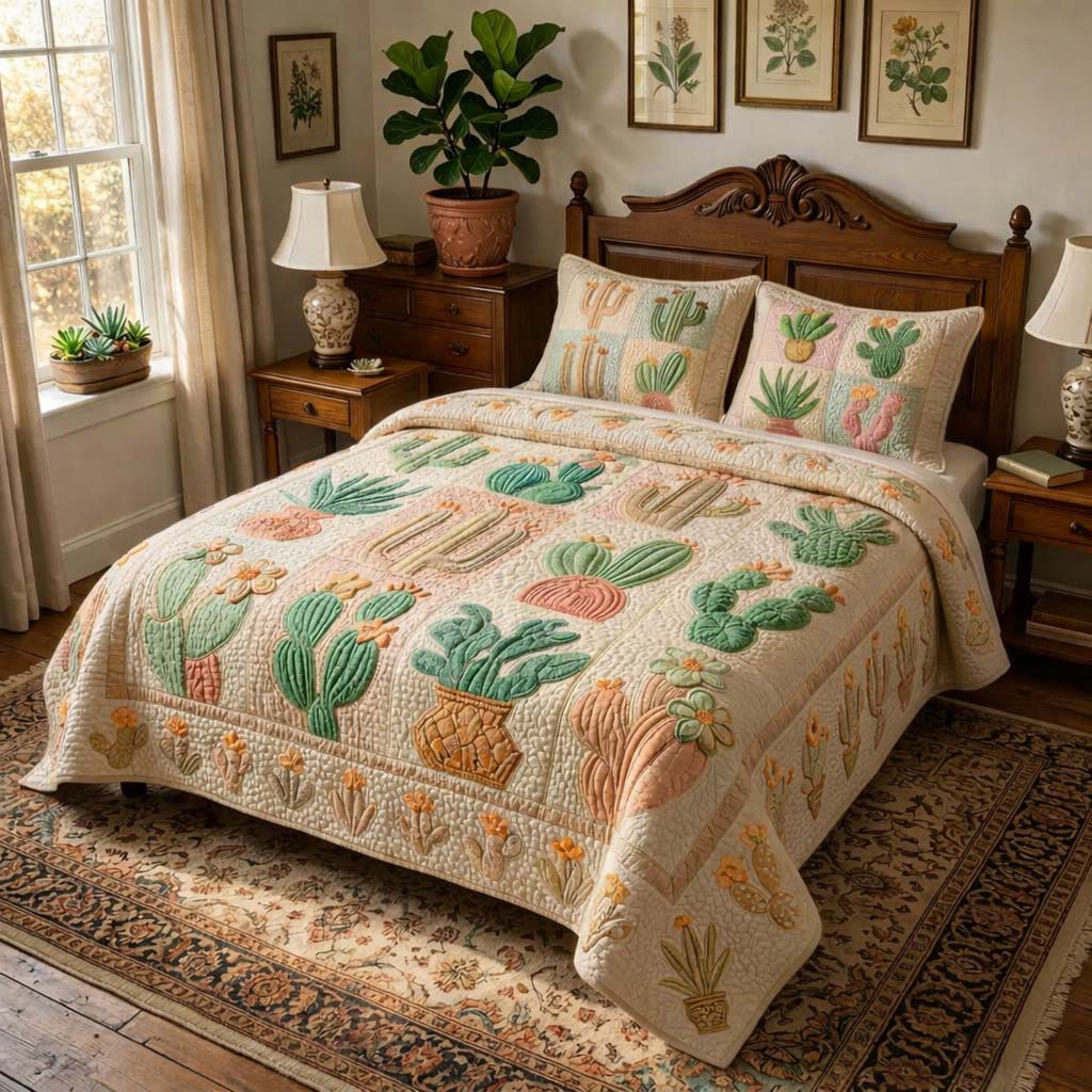 Pastel Cactus Patch 3-Piece Quilted Bedding Set GFTOHD14385