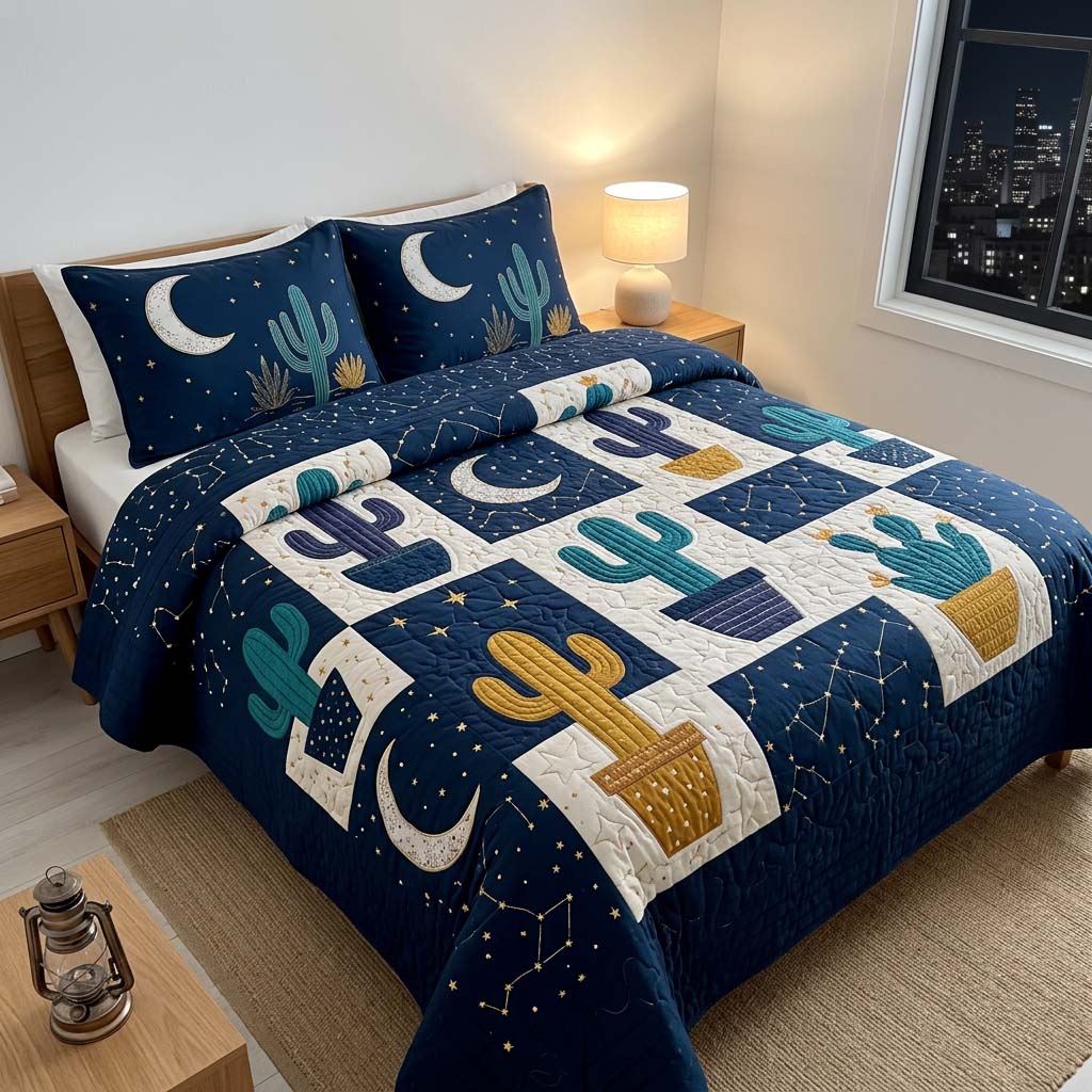 Midnight Cactus Sky 3-Piece Quilted Bedding Set GFTOHD14386