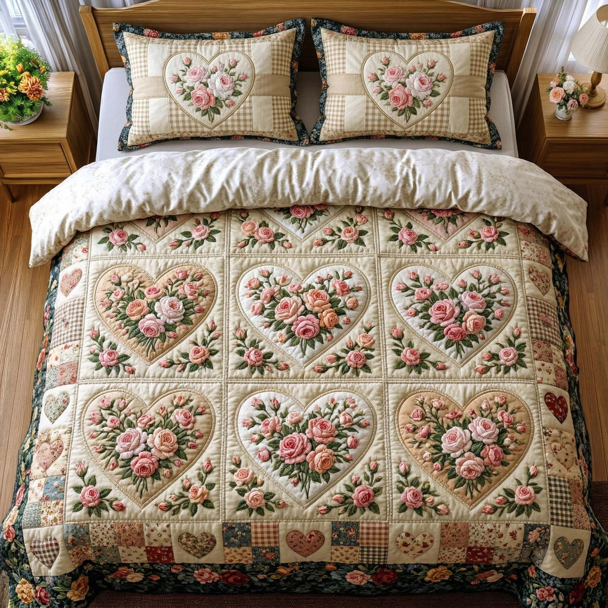 Rose Garden Hearts 3-Piece Quilted Bedding Set GFTOHD14625