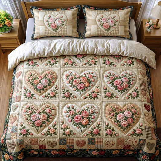 Rose Garden Hearts 3-Piece Quilted Bedding Set GFTOHD14625