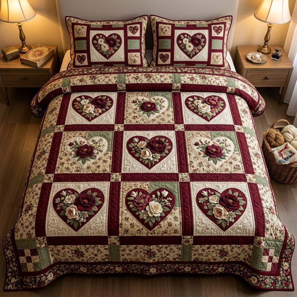 Vintage Rose Patch 3-Piece Quilted Bedding Set GFTOHD14630