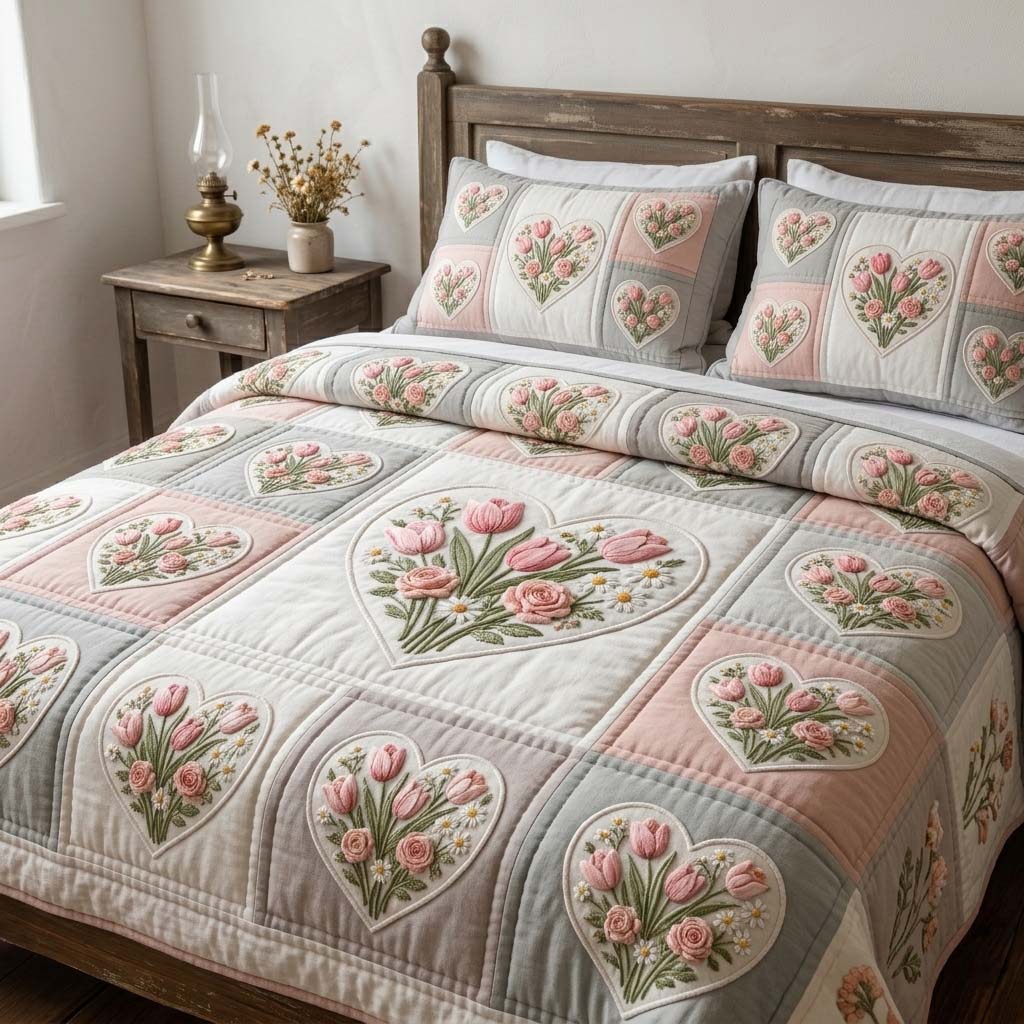 Blush Tulip Garden 3-Piece Quilted Bedding Set GFTOHD14632