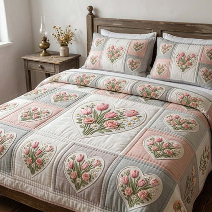 Blush Tulip Garden 3-Piece Quilted Bedding Set GFTOHD14632